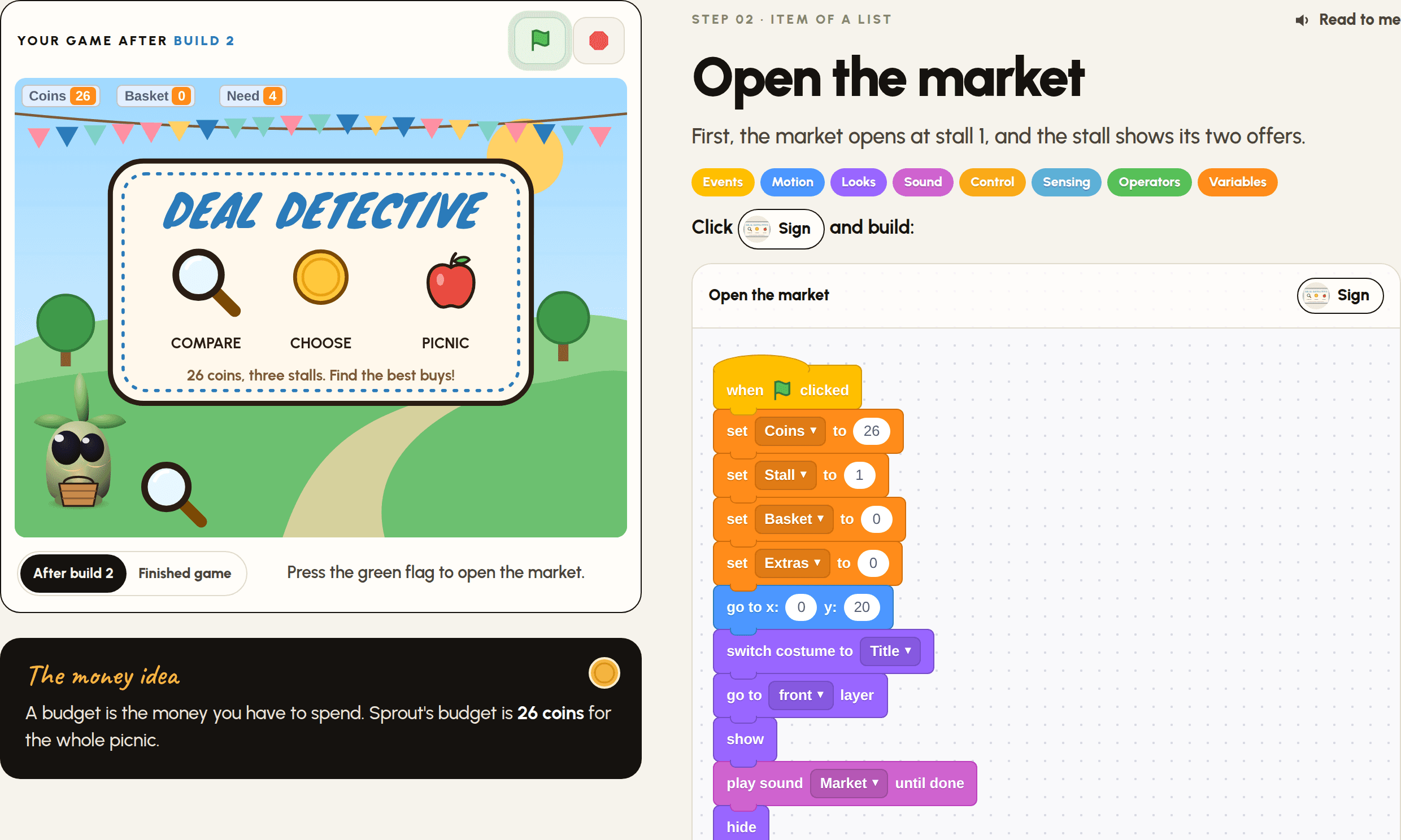 A step from the Deal Detective guide, with the game and the Scratch blocks to build.