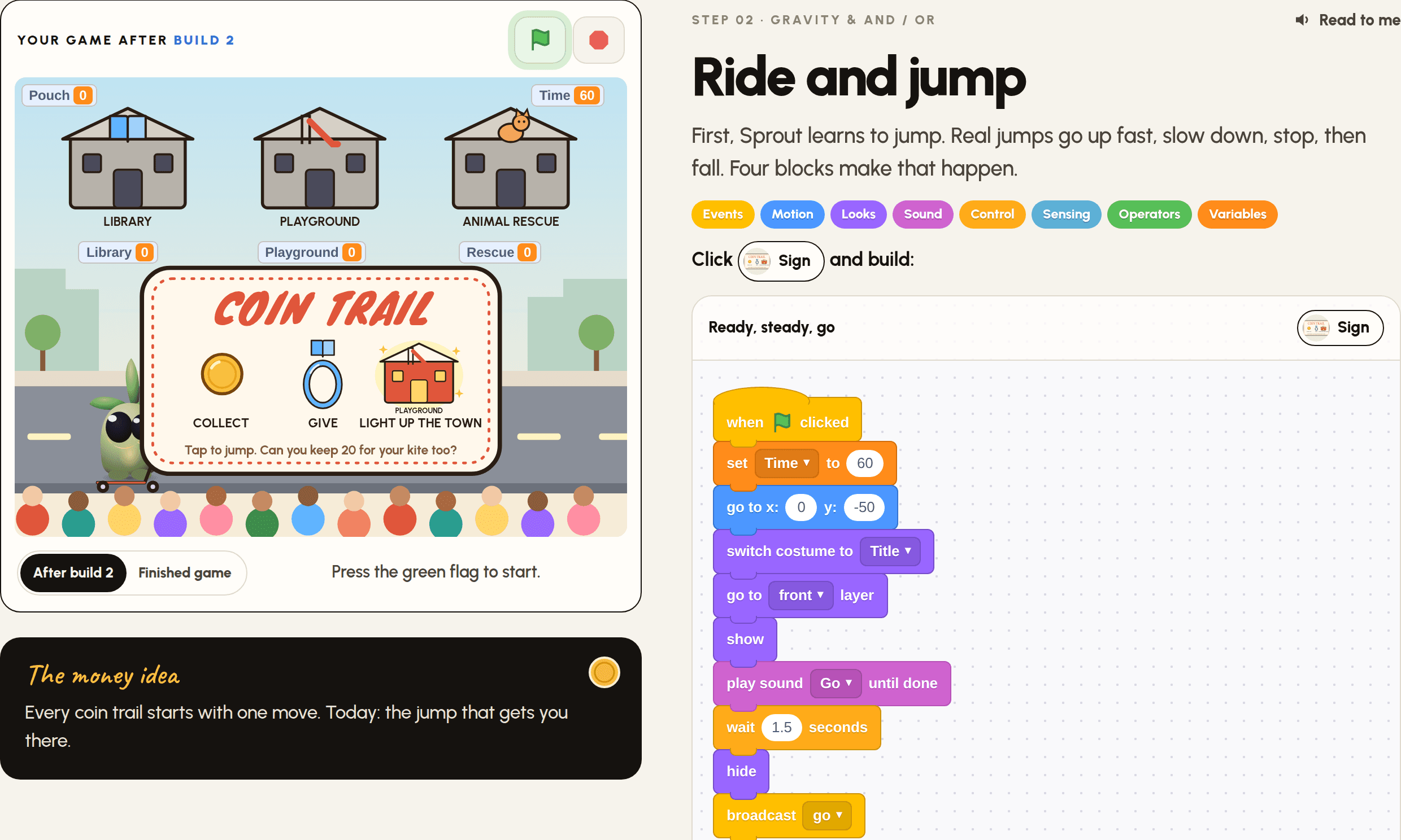 A page from the Coin Trail guide: the game on the left, a step with Scratch blocks on the right.