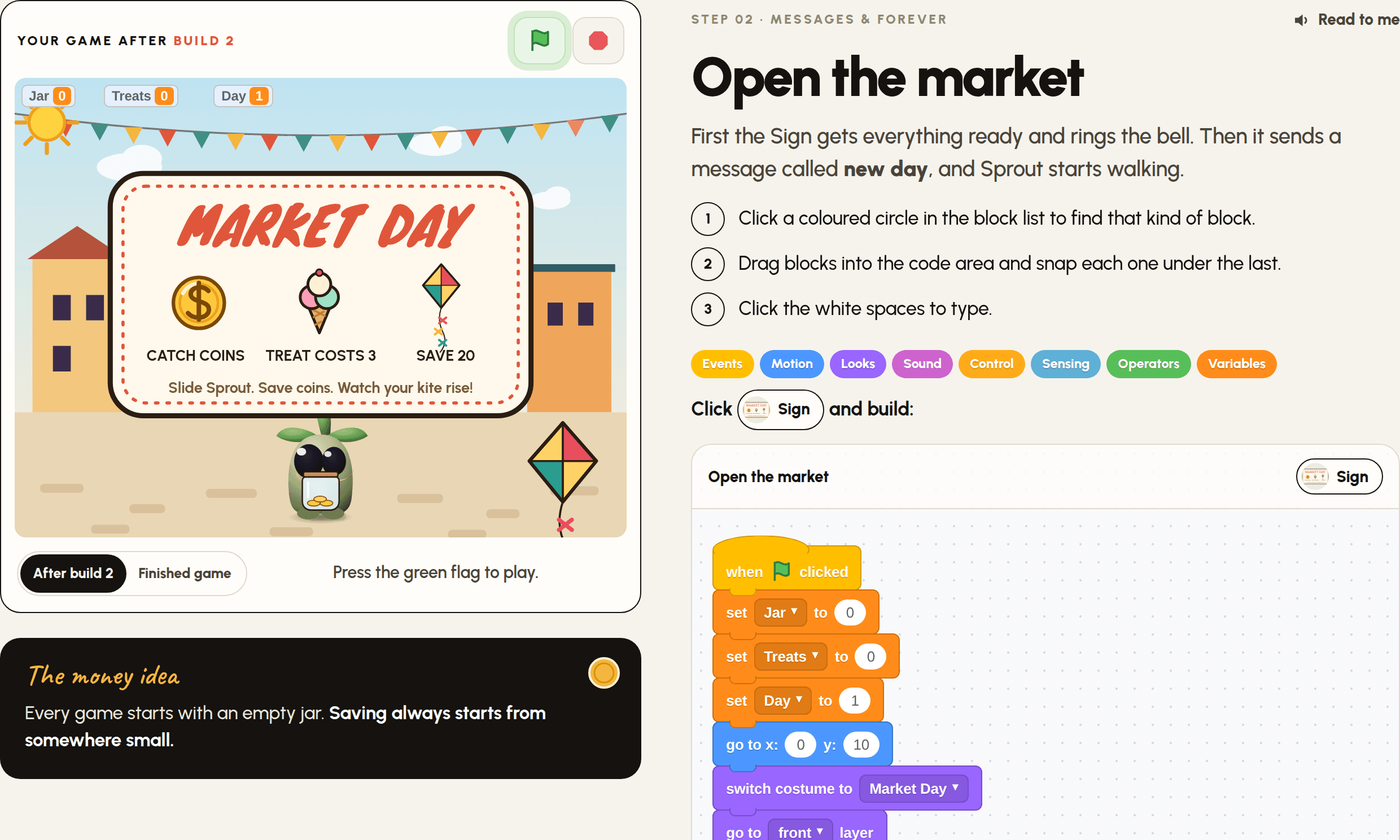 A step from the Market Day guide, with the game and the Scratch blocks to build.