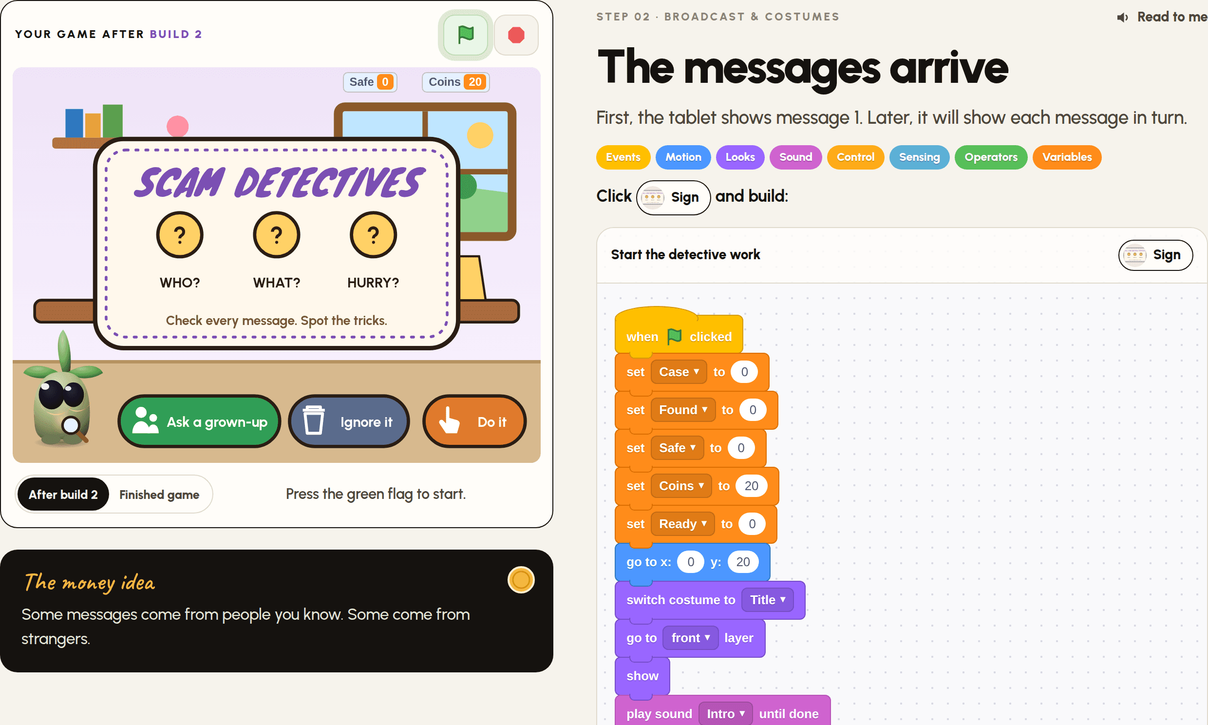 A step from the Scam Detectives guide, with the game and the Scratch blocks to build.