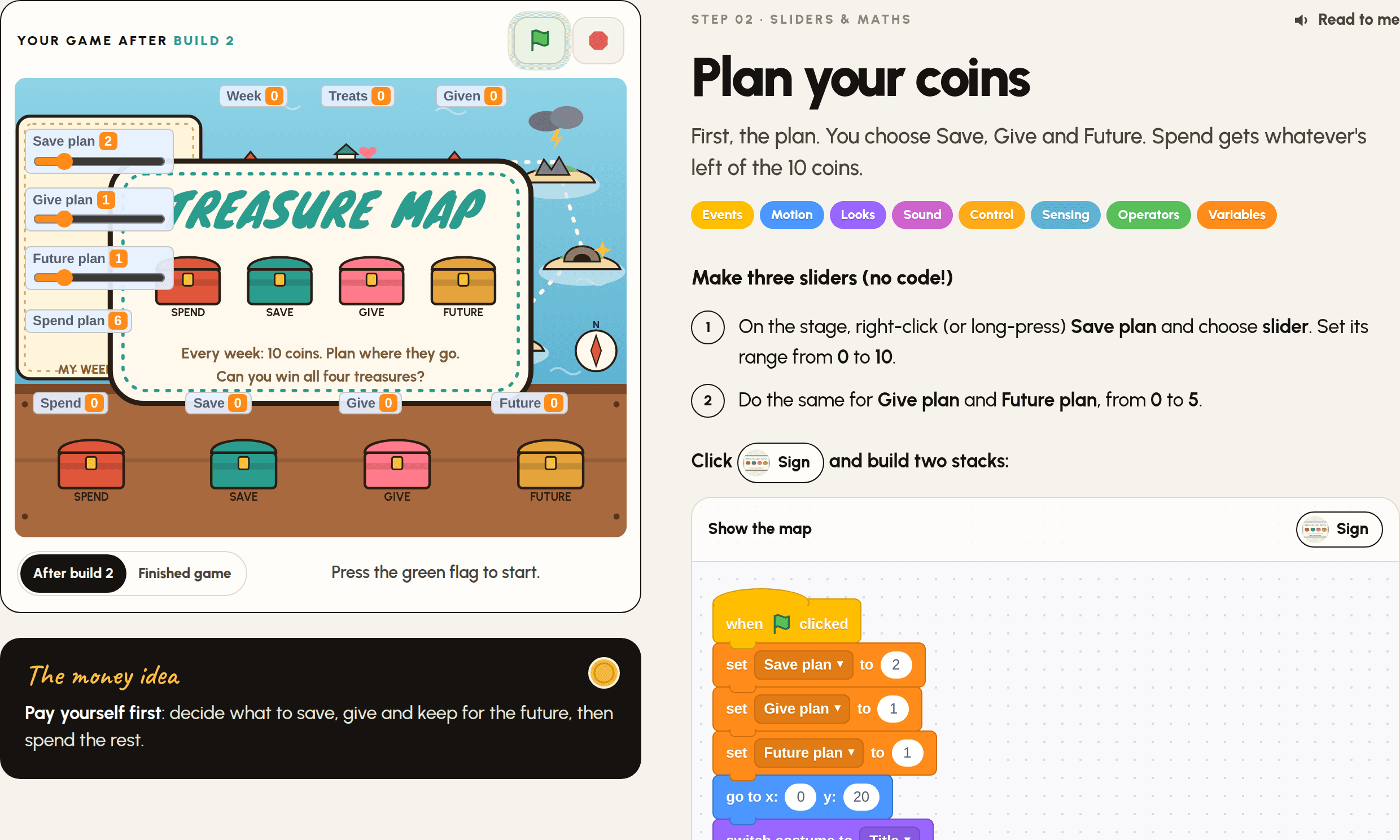 A step from the Treasure Map guide, with the game and the Scratch blocks to build.